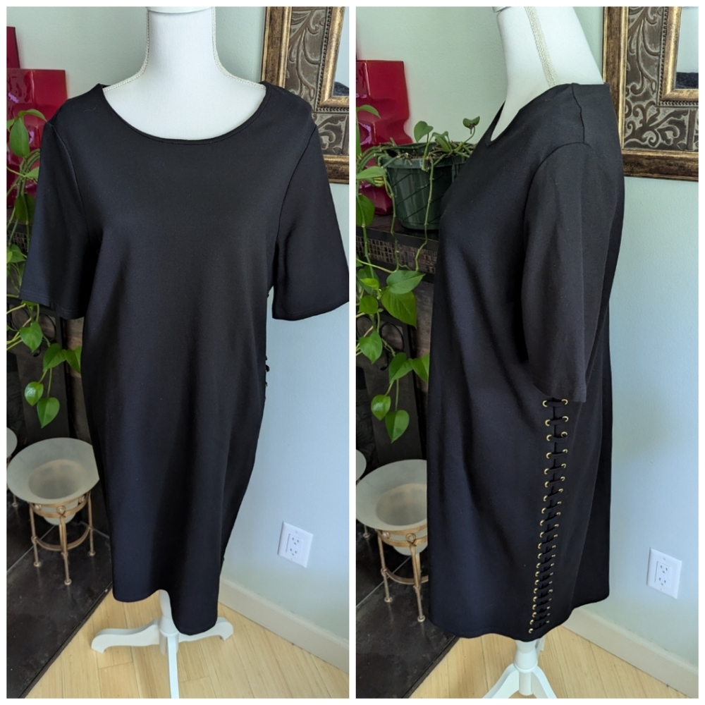 Chicos 2 Wms Large Black Side Grommet Lace Up Accent Midi Dress Short Sleeve 168